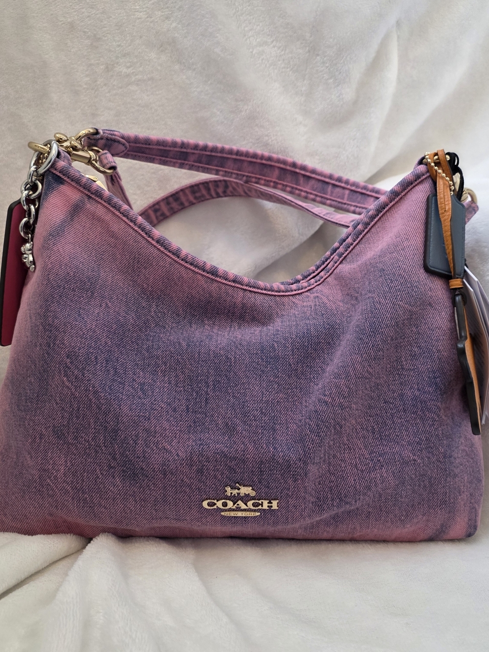 Custom Hand-Dyed Pink Coach Laurel Shoulder Bag | Reworked Denim with Charms - Picture 5 of 15
